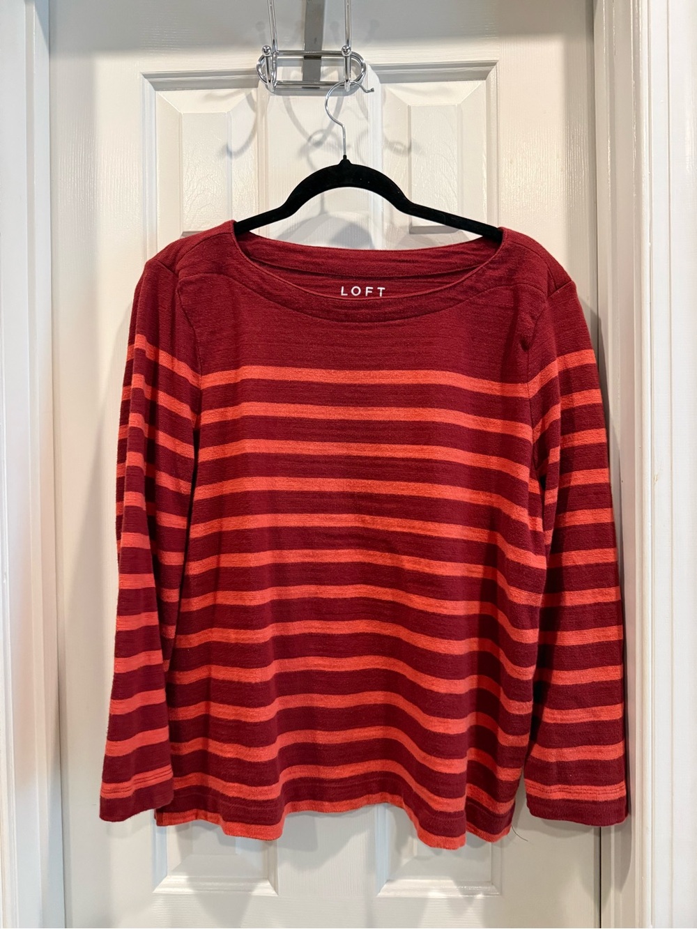 LOFT Women’s burgundy and orange Striped Long Sleeve Sweater